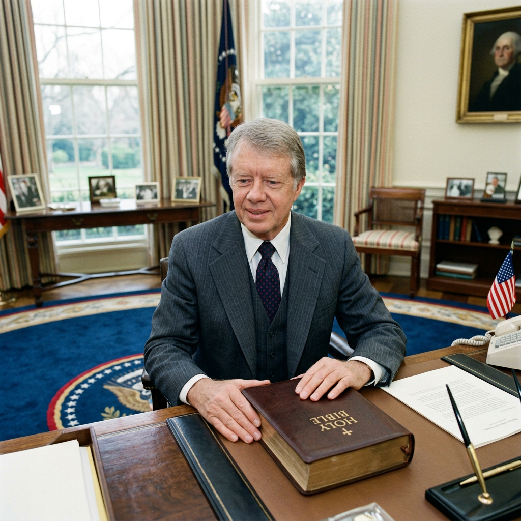 Jimmy Carter seated at desk with a book labeled HOLY BIBLE