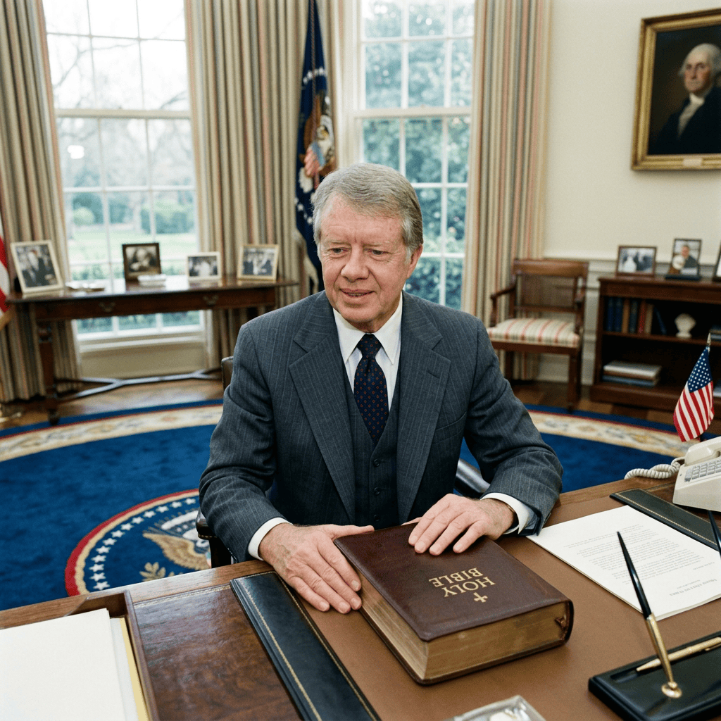 Jimmy Carter seated at desk with a book labeled HOLY BIBLE