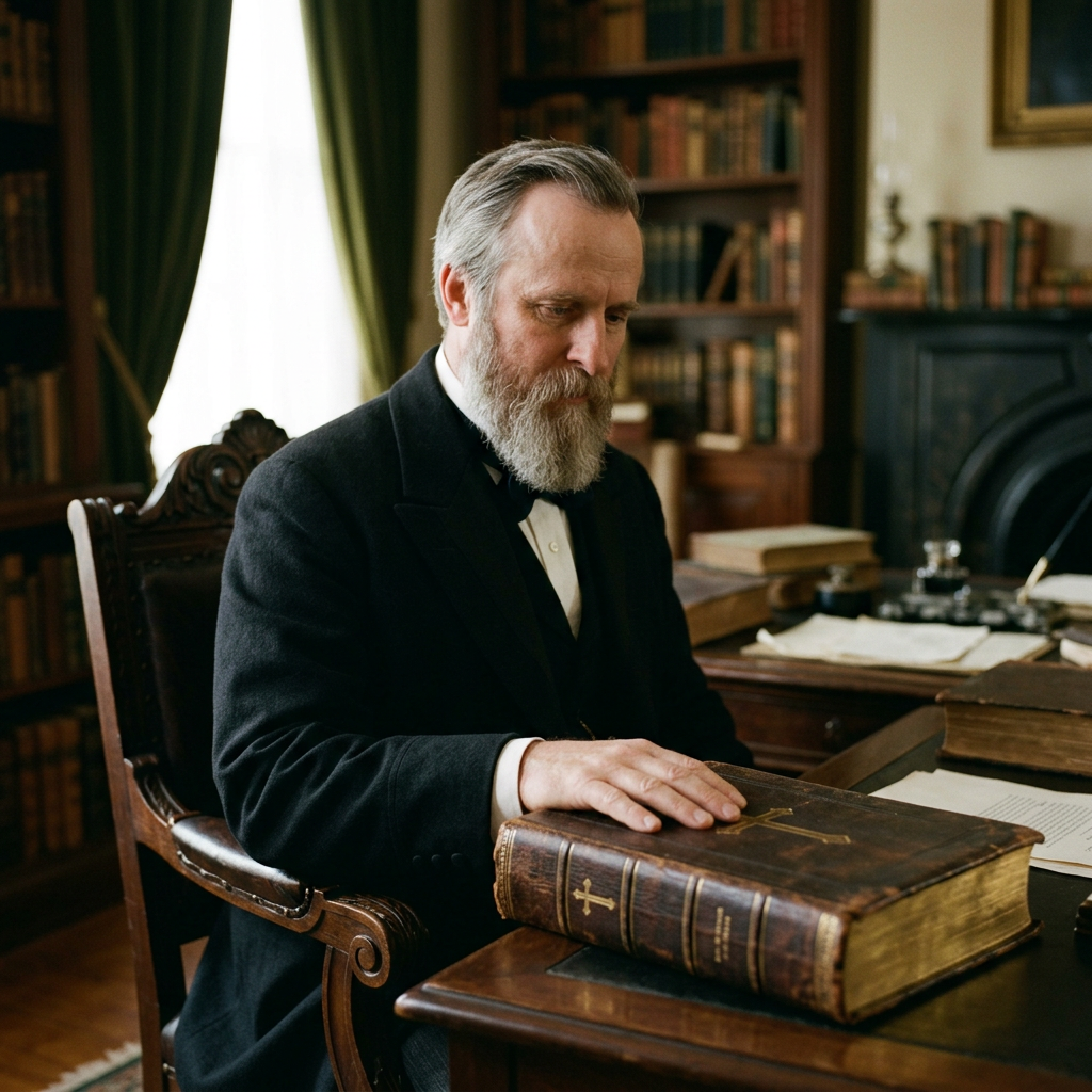 Bearded scholar seated at desk with large antique book in library
