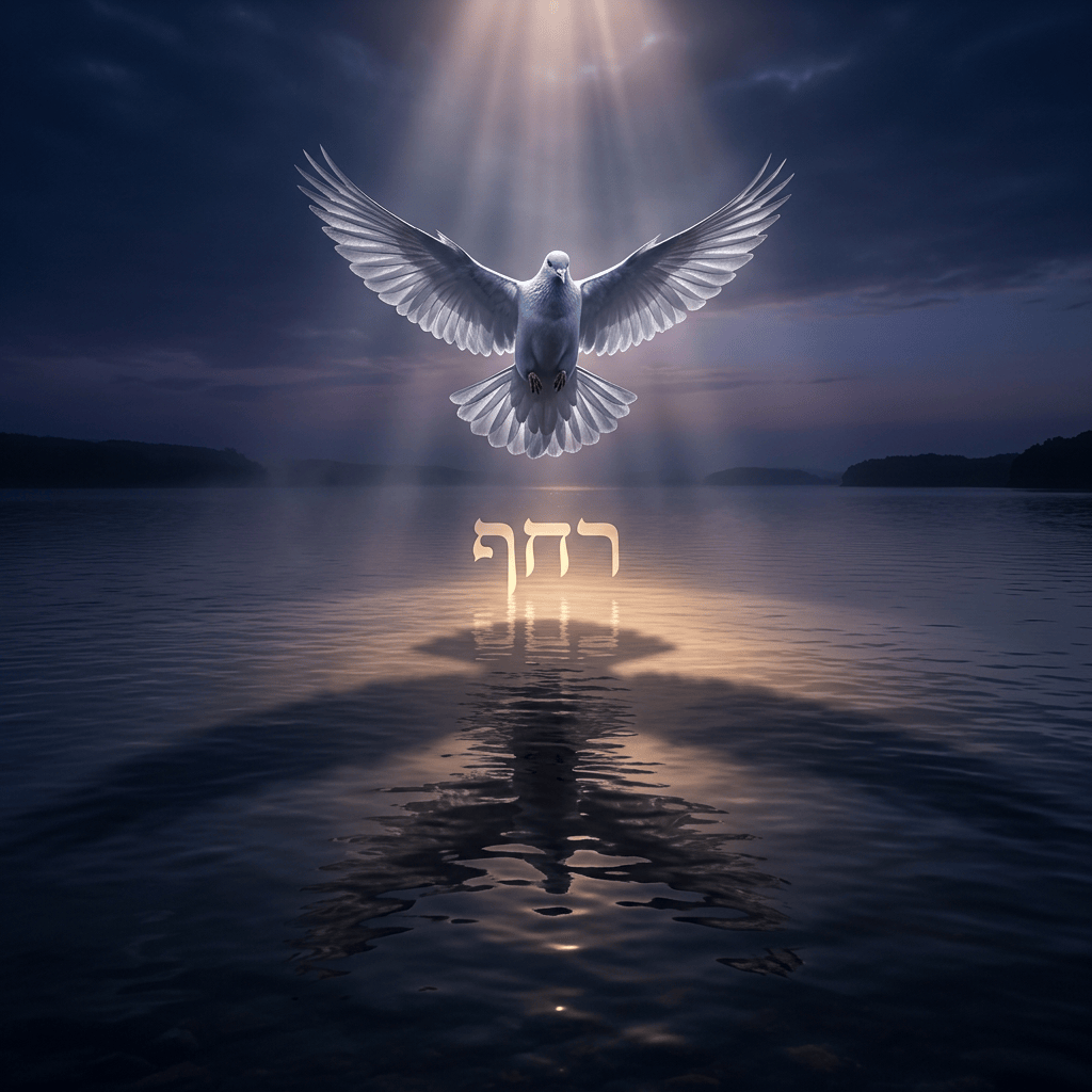 White dove above water with Hebrew text “רוח”