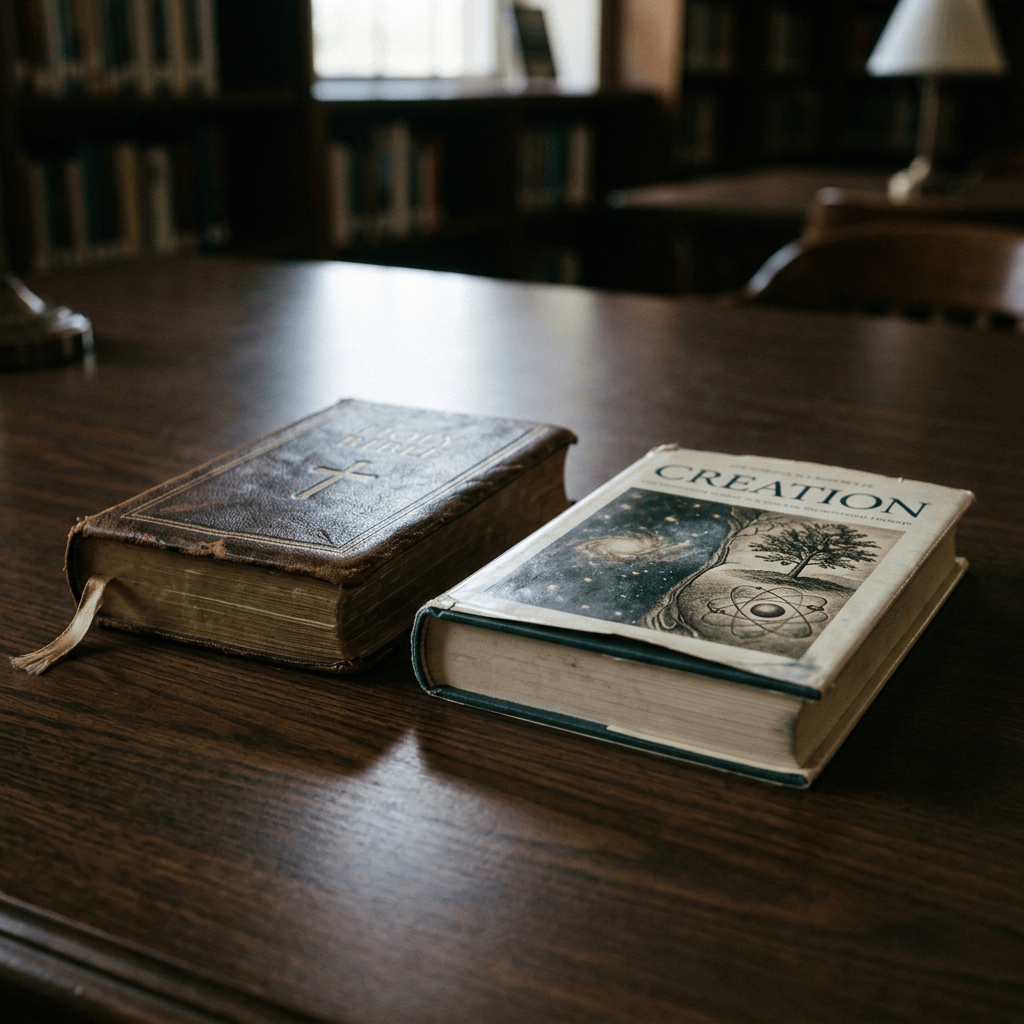 Bible and Creation book resting on a wooden table