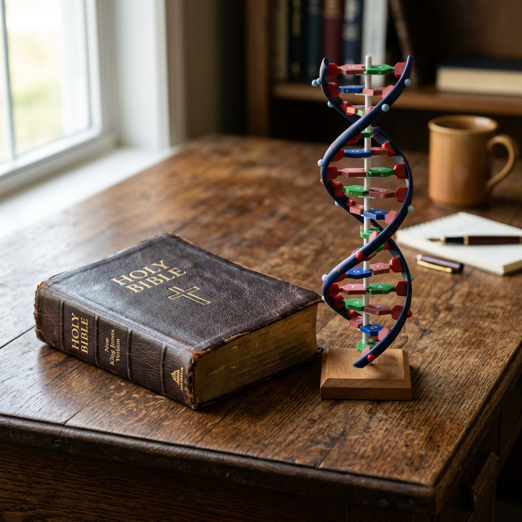 DNA model beside a Holy Bible on a wooden table