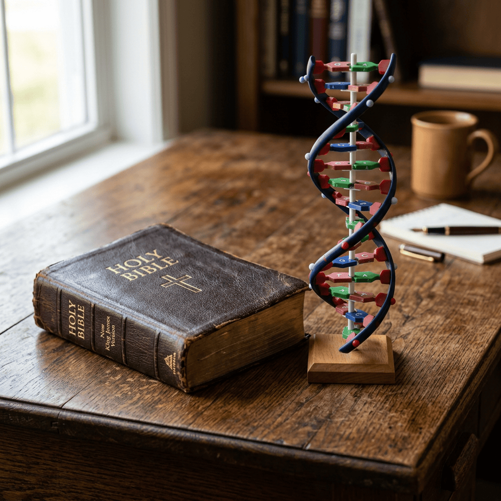 DNA model beside a Holy Bible on a wooden table