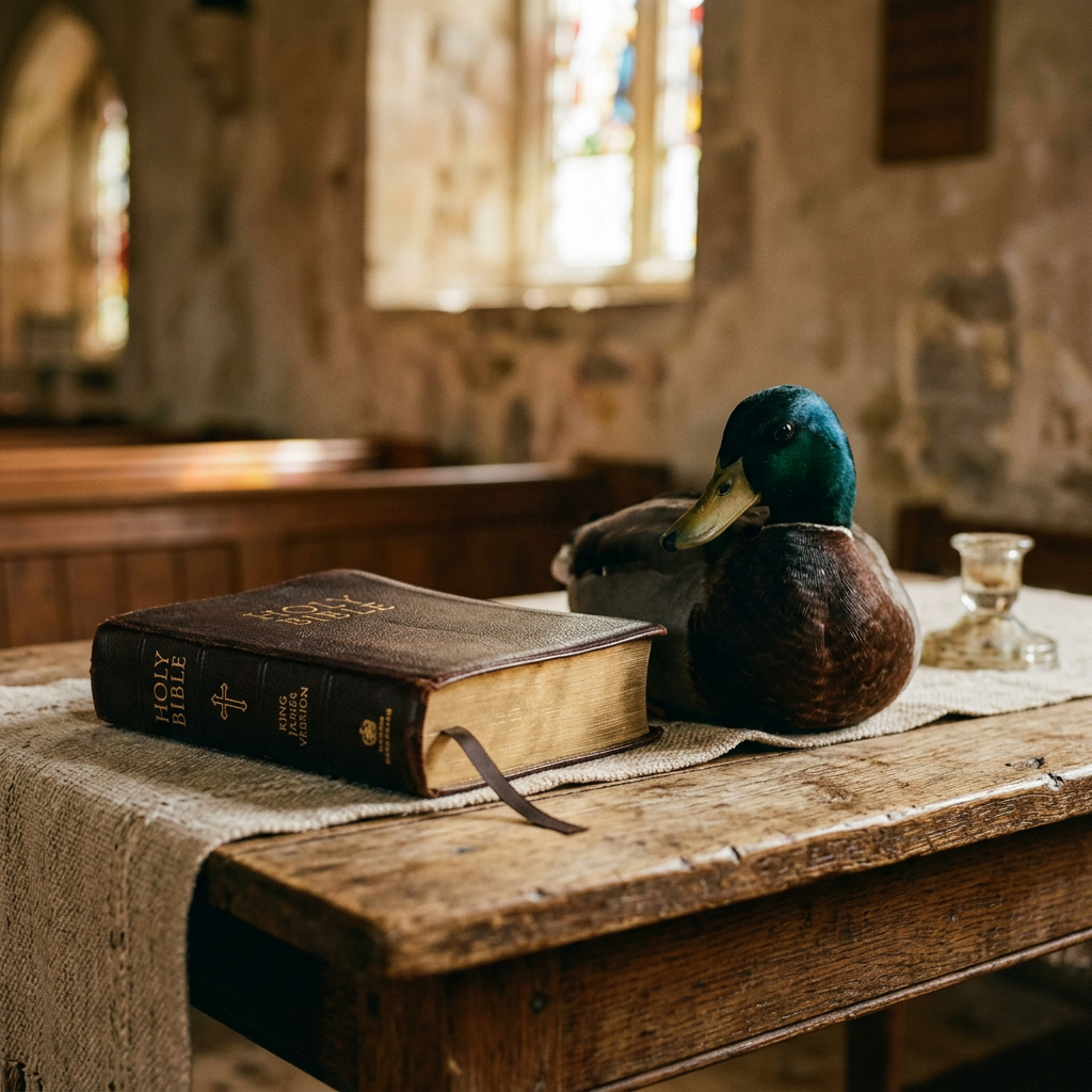 Mallard duck beside a Holy Bible on a wooden church table