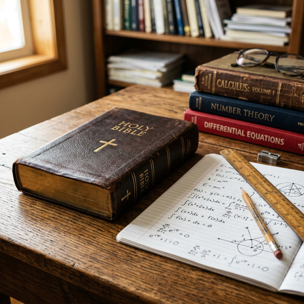 Bible beside mathematics books, handwritten equations, ruler, pencil, and glasses