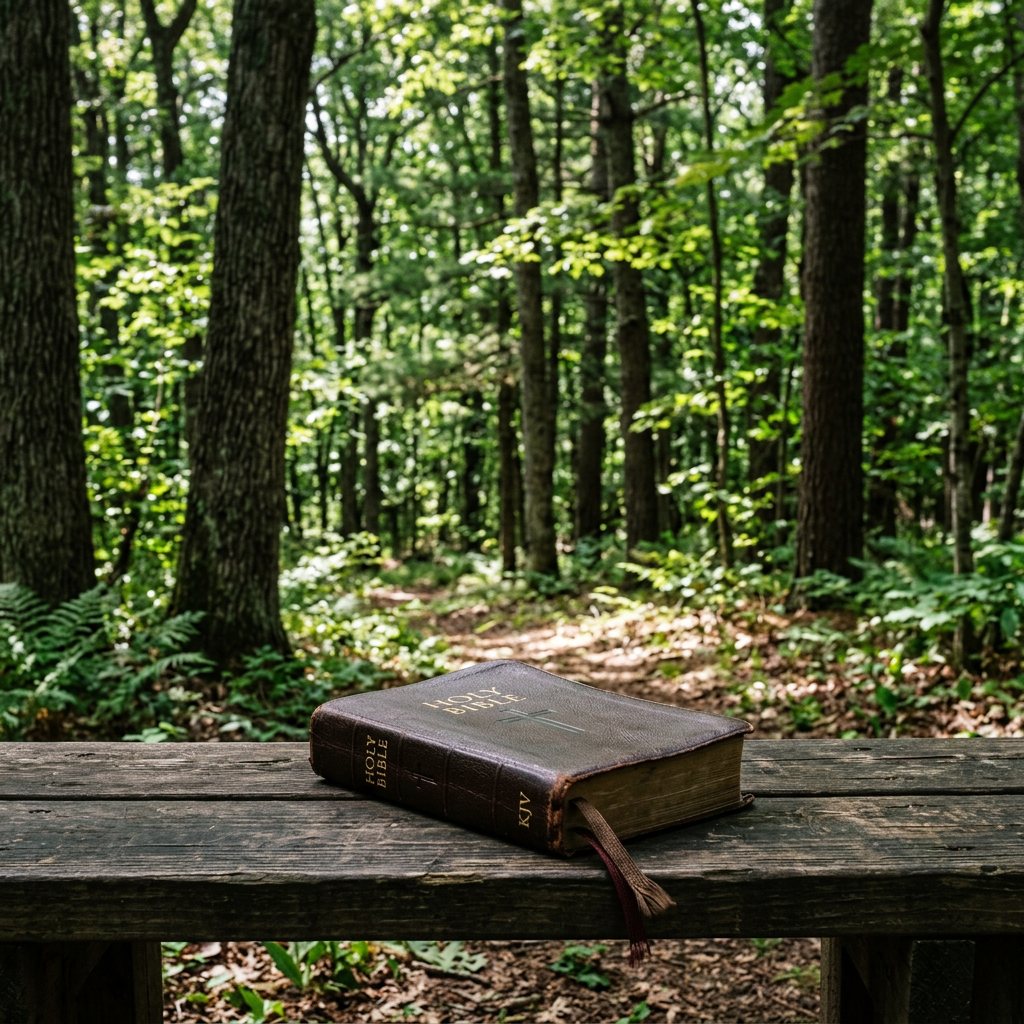 Closed Bible resting on a wooden bench in a sunlit forest