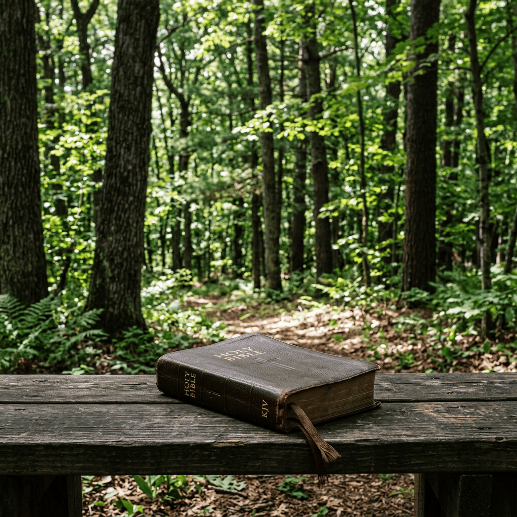 Closed Bible resting on a wooden bench in a sunlit forest