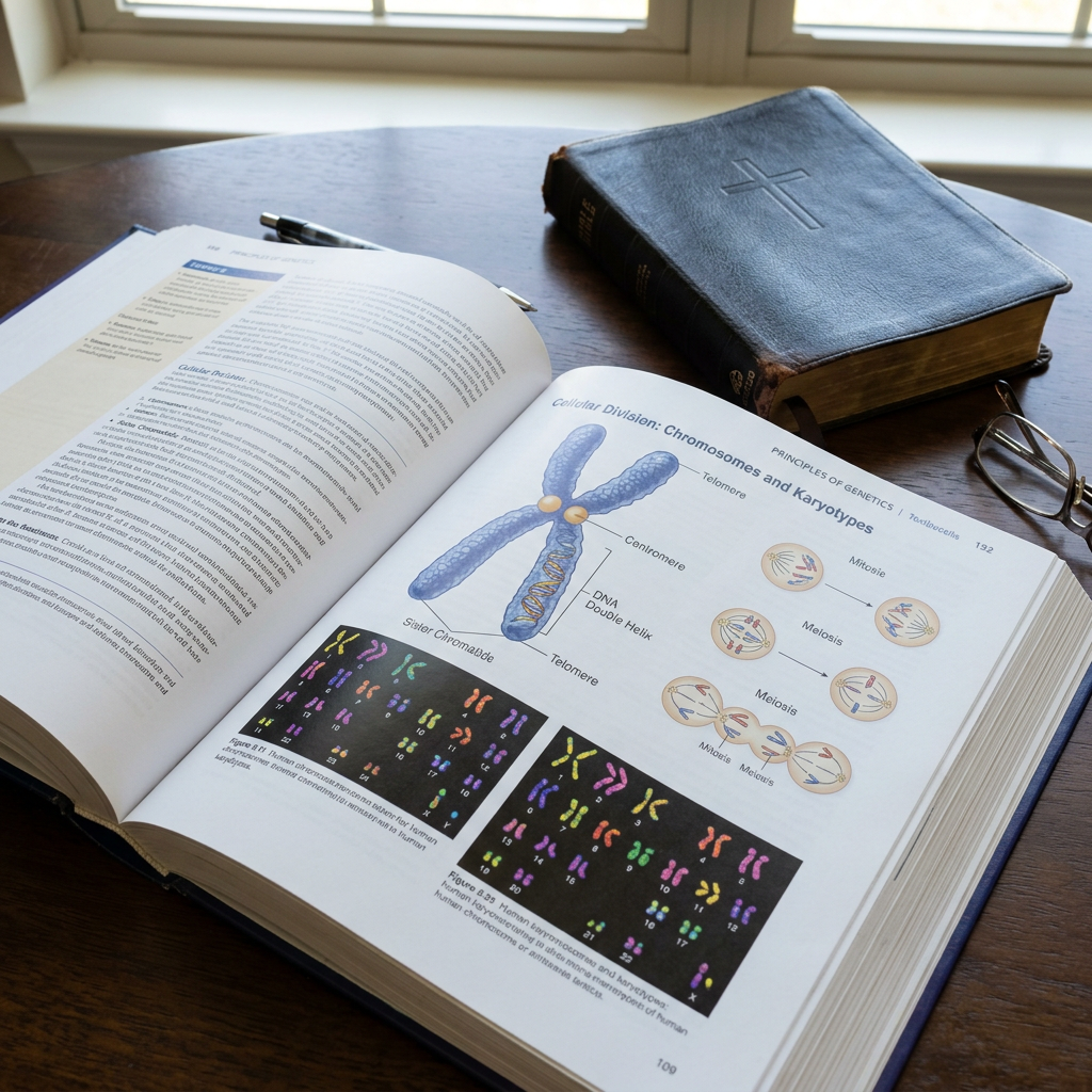 Open genetics textbook showing chromosomes and karyotype diagrams beside a closed Bible