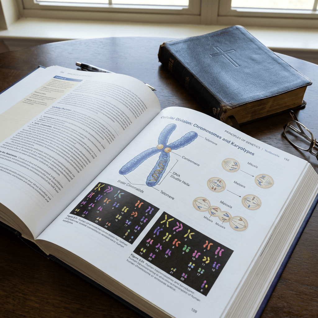 Open genetics textbook showing chromosomes and karyotype diagrams beside a closed Bible