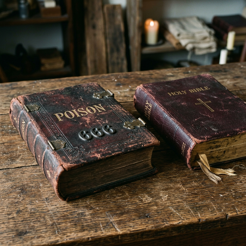 Books labeled “POISON 666” and “HOLY BIBLE” on a wooden table