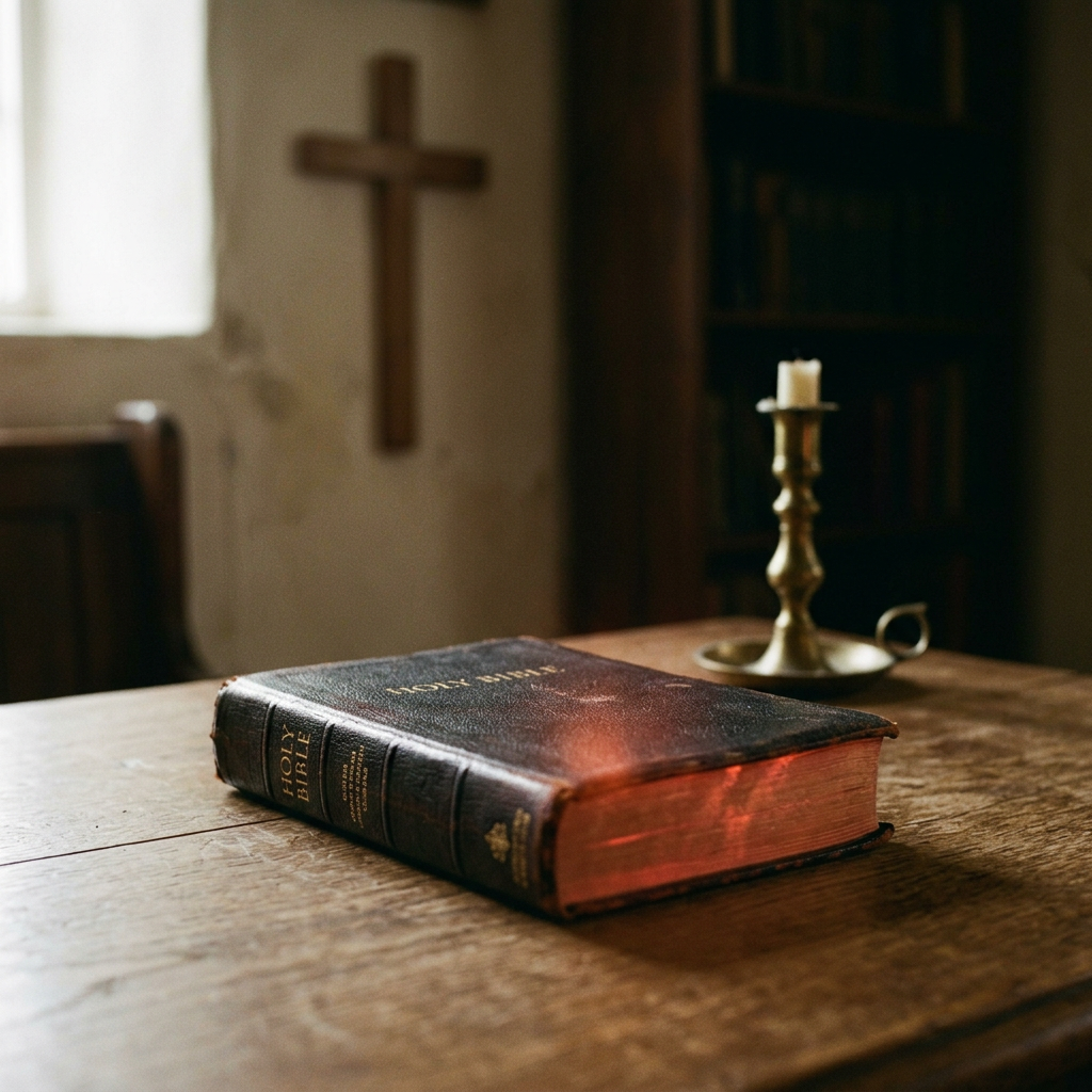 Closed Holy Bible on a wooden table beneath a cross and beside a candle