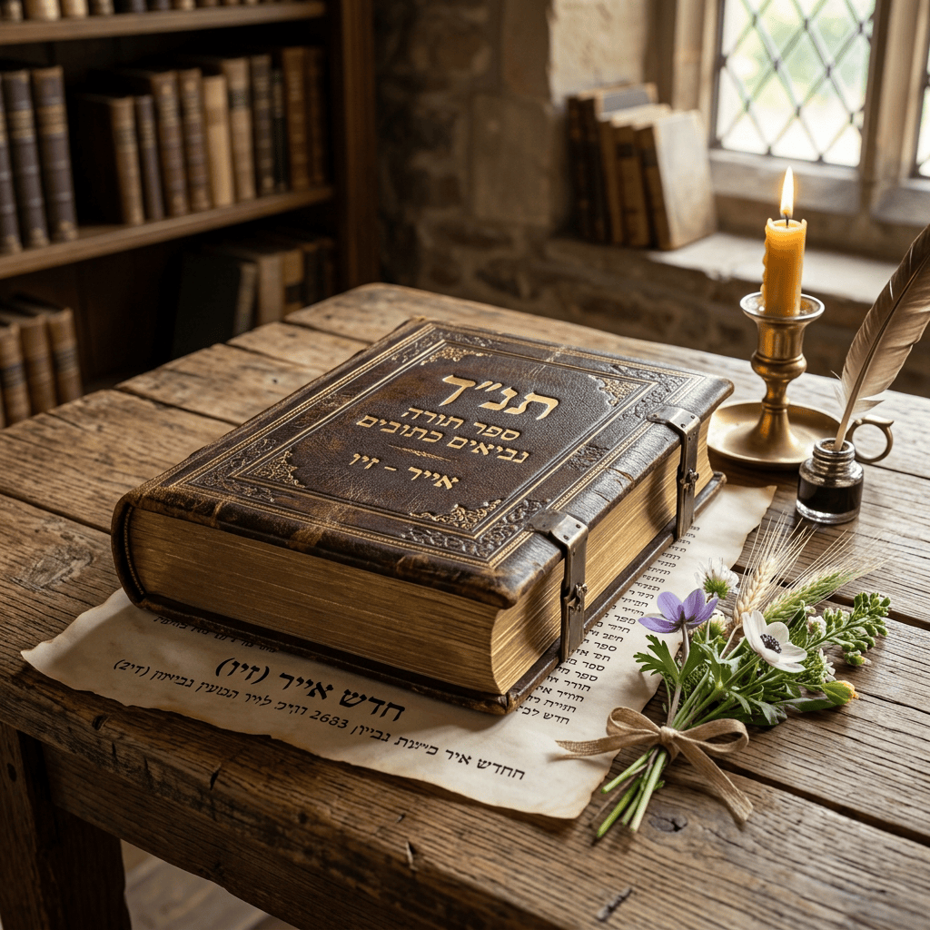 Bound Hebrew Bible labeled תנ״ך beside a lit candle, quill, and flowers