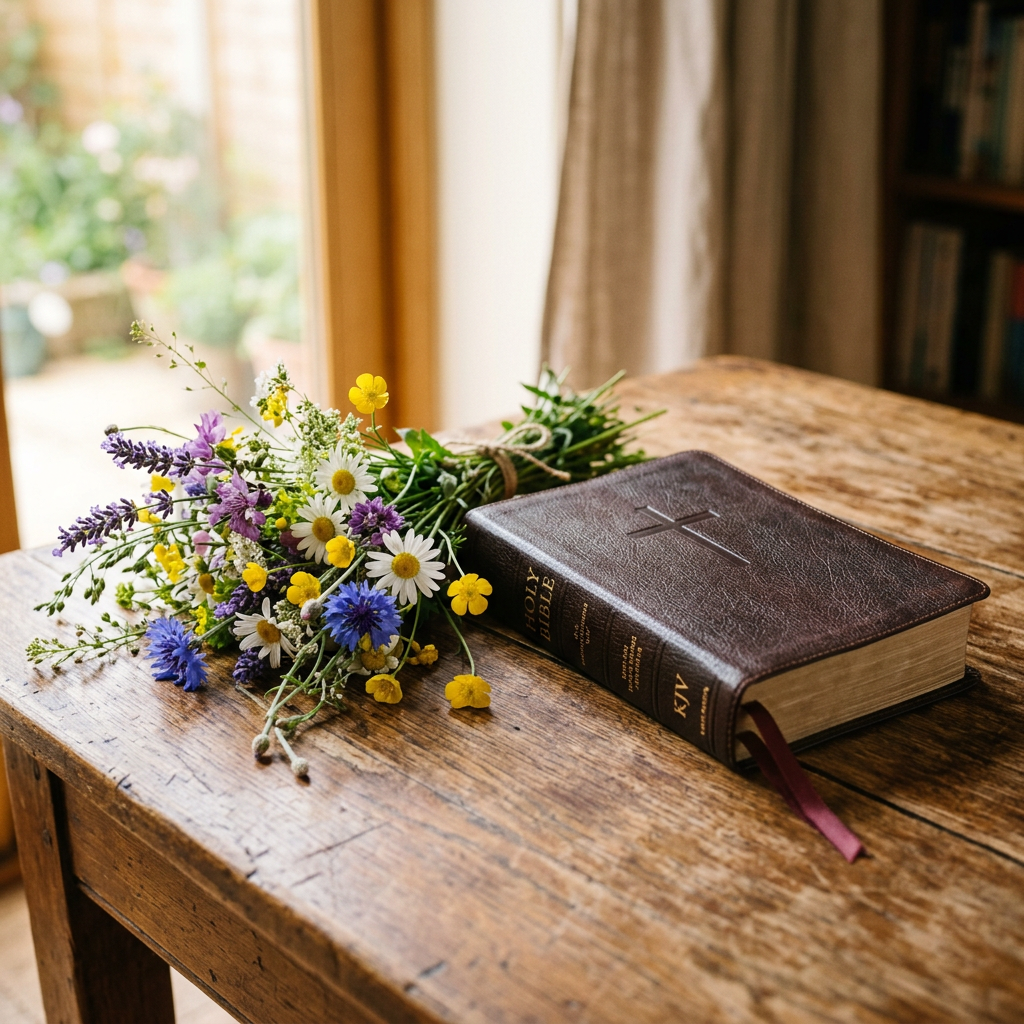 Leather-bound Holy Bible beside a colorful wildflower bouquet on a wooden table