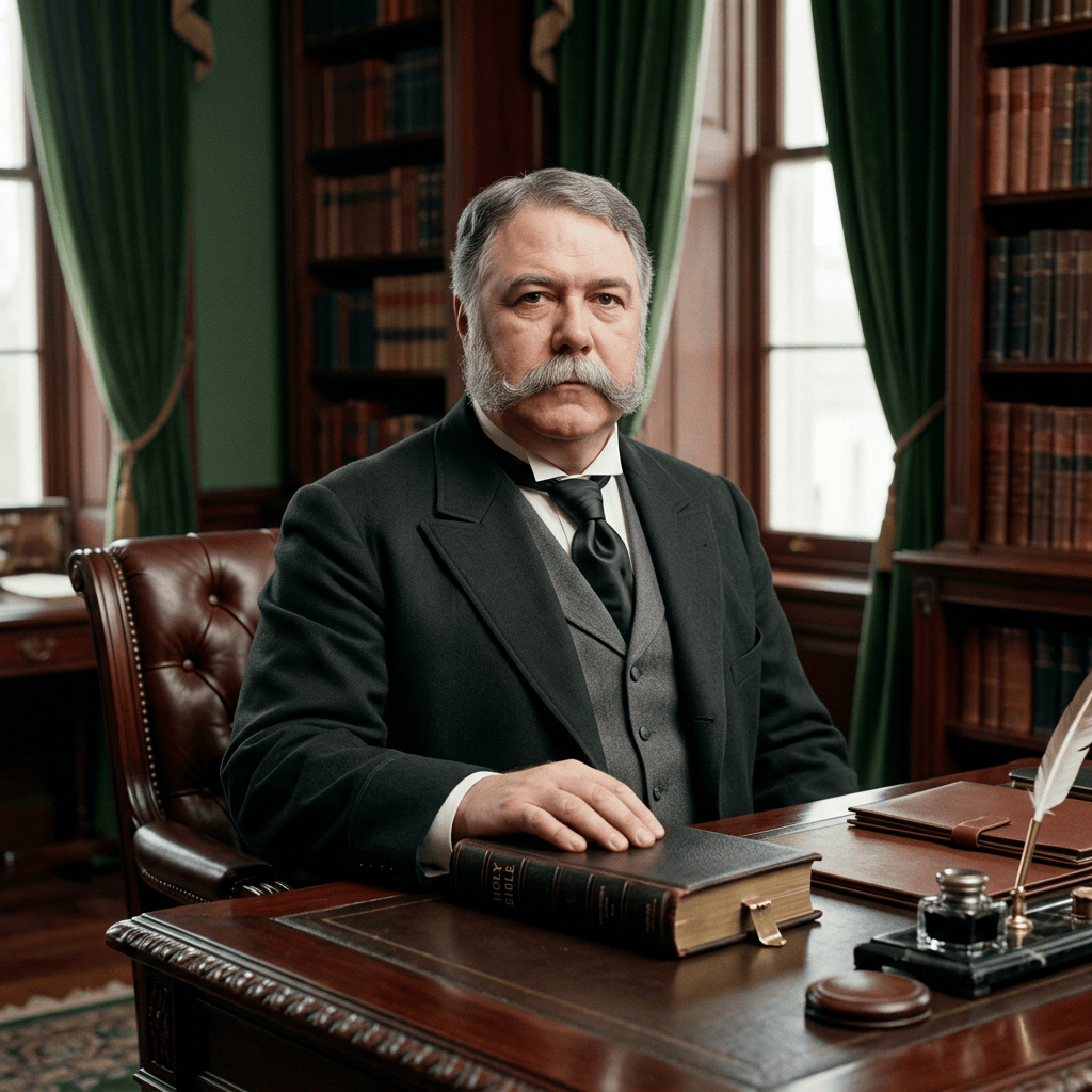 Formally dressed man seated at desk with a Holy Bible