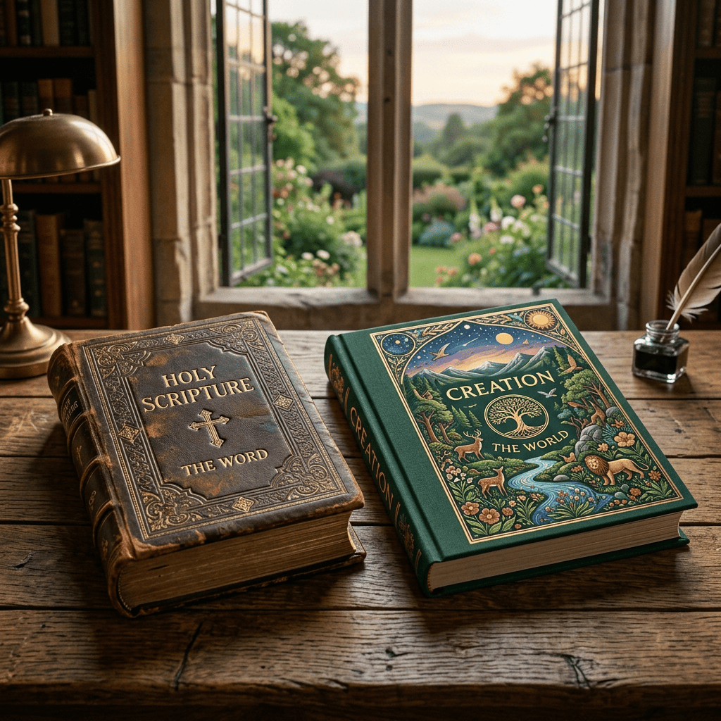 Books titled “Holy Scripture” and “Creation: The World” on a wooden table