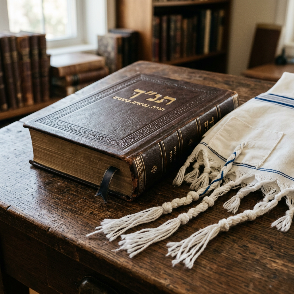 Leather-bound Hebrew prayer book beside a blue-and-white fringed tallit