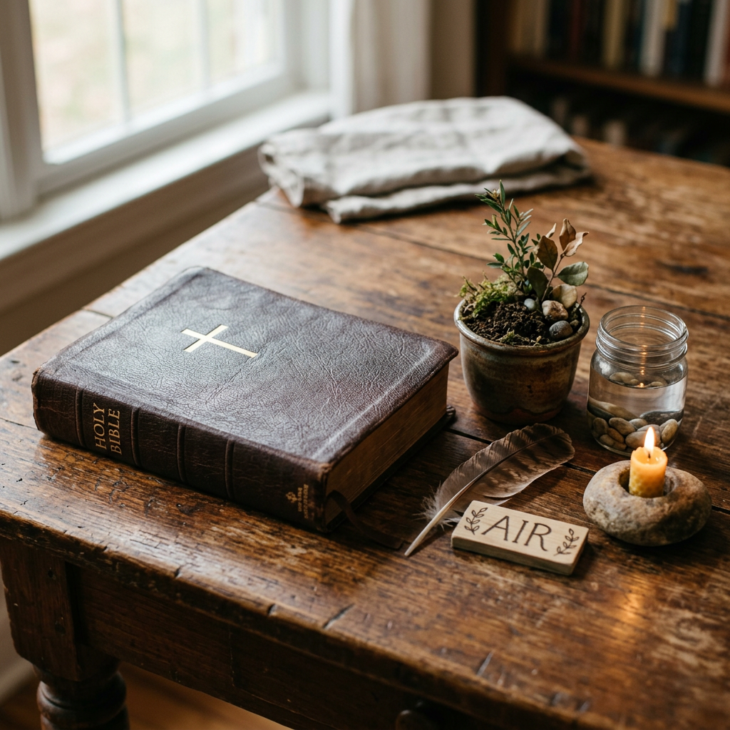 Holy Bible, “AIR” sign, candle, plant, feather, and stones on table