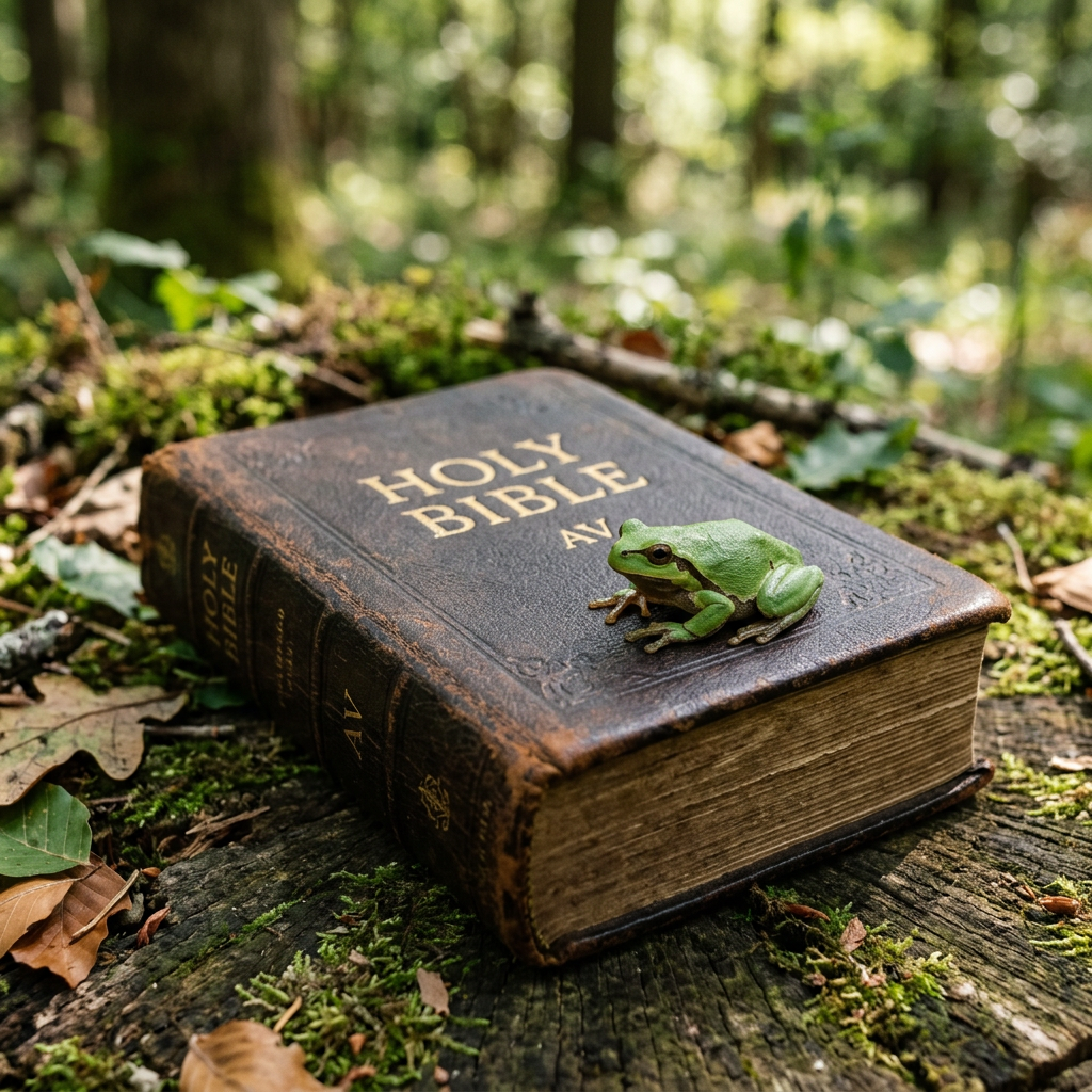 Green frog resting on a weathered Holy Bible in a forest