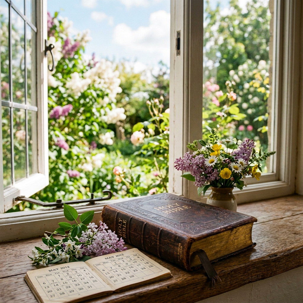 Open window, flowers, and a leather-bound Holy Bible on a wooden sill