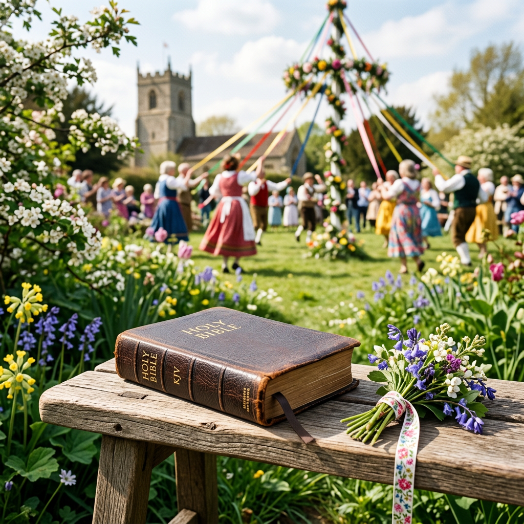 Holy Bible and flower bouquet on bench at a village maypole celebration