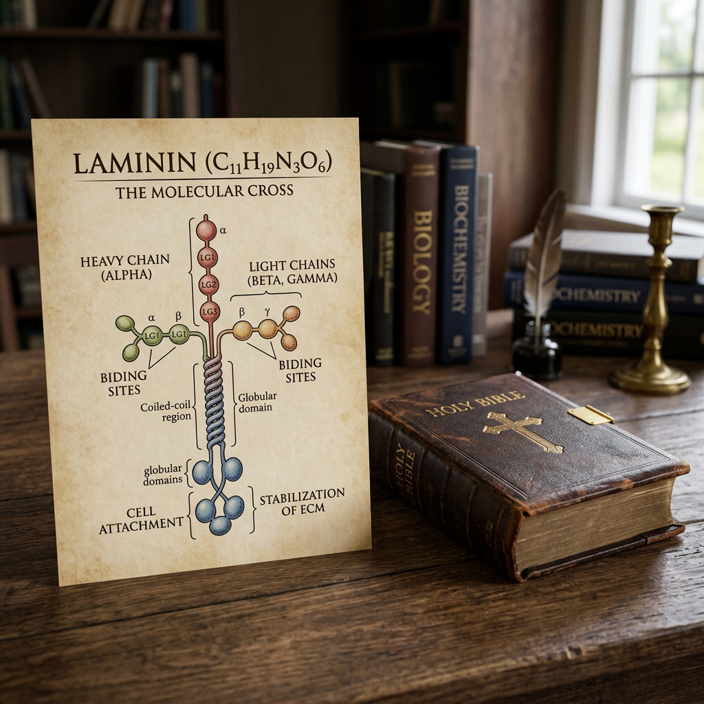 Diagram labeled LAMININ (C11H19N3O6), THE MOLECULAR CROSS, with chains, binding sites, cell attachment, and ECM stabilization