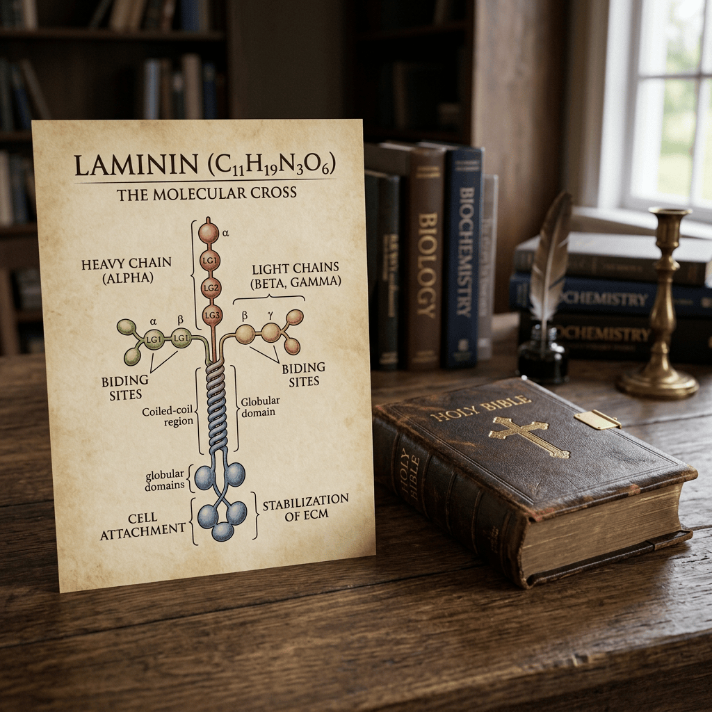 Diagram labeled LAMININ (C11H19N3O6), THE MOLECULAR CROSS, with chains, binding sites, cell attachment, and ECM stabilization
