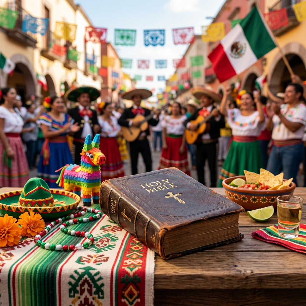 Holy Bible on a decorated table at a Mexican street celebration