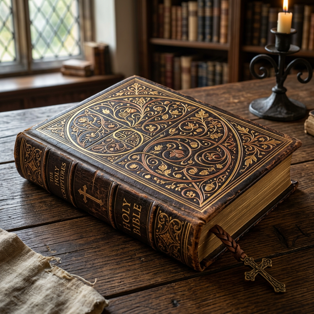 Ornate Holy Bible on a wooden table beside a lit candle