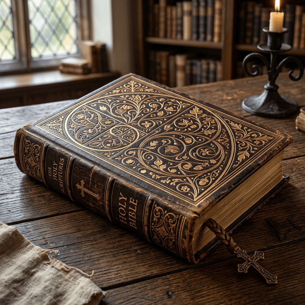Ornate Holy Bible on a wooden table beside a lit candle