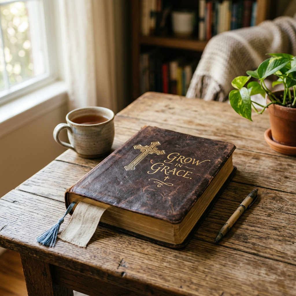 Devotional book titled “Grow in Grace” on a wooden table