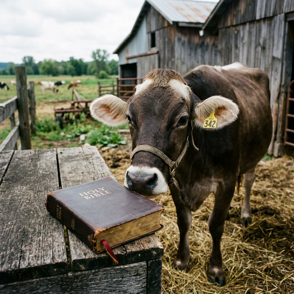 Cow beside a Holy Bible on a farm table