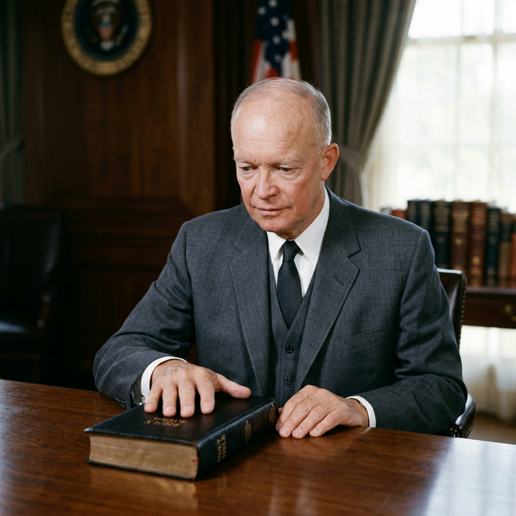 Older statesman seated at desk beside a closed book and American flag