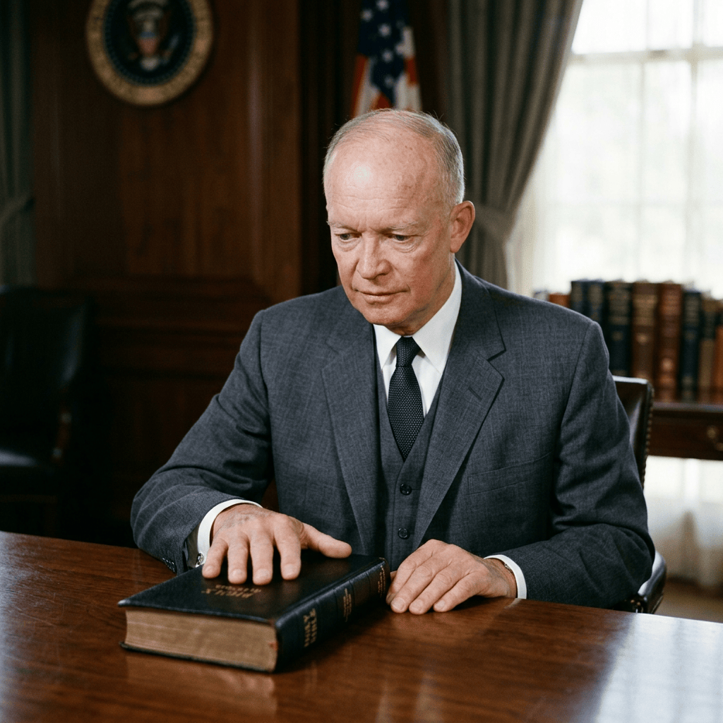 Older statesman seated at desk beside a closed book and American flag
