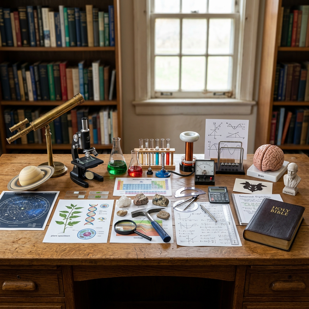 Desk displaying scientific instruments, textbooks, diagrams, specimens, and a Bible