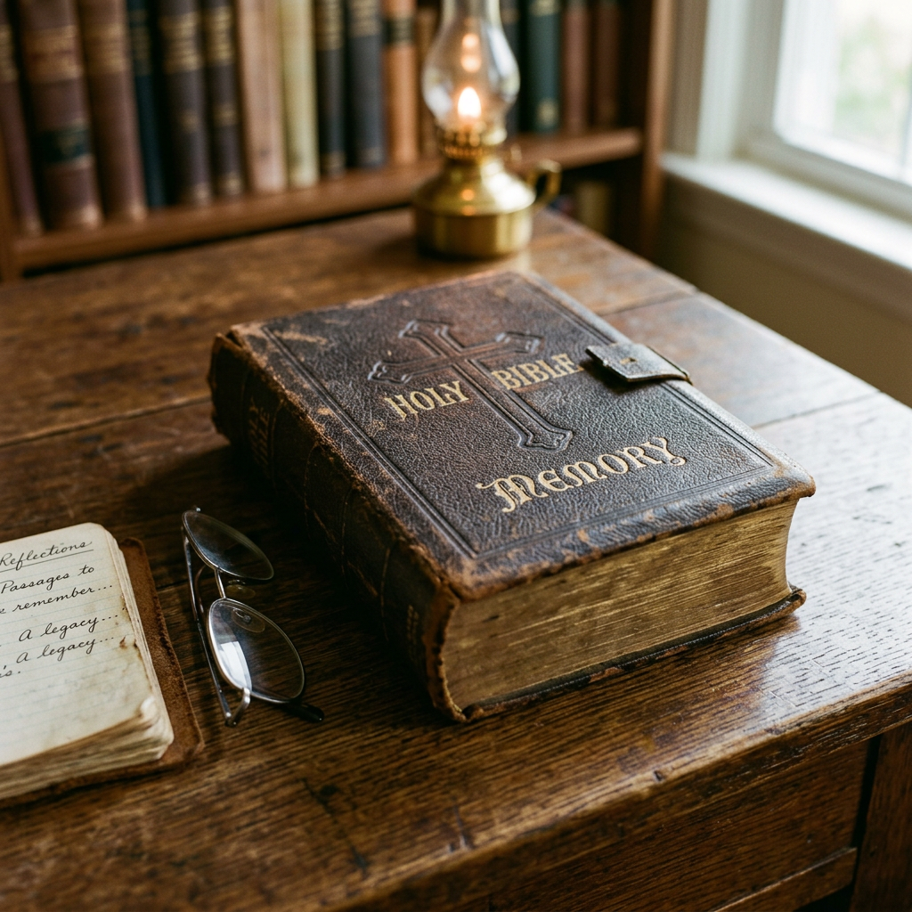 Worn Holy Bible labeled “HOLY BIBLE” and “MEMORY” beside handwritten reflections