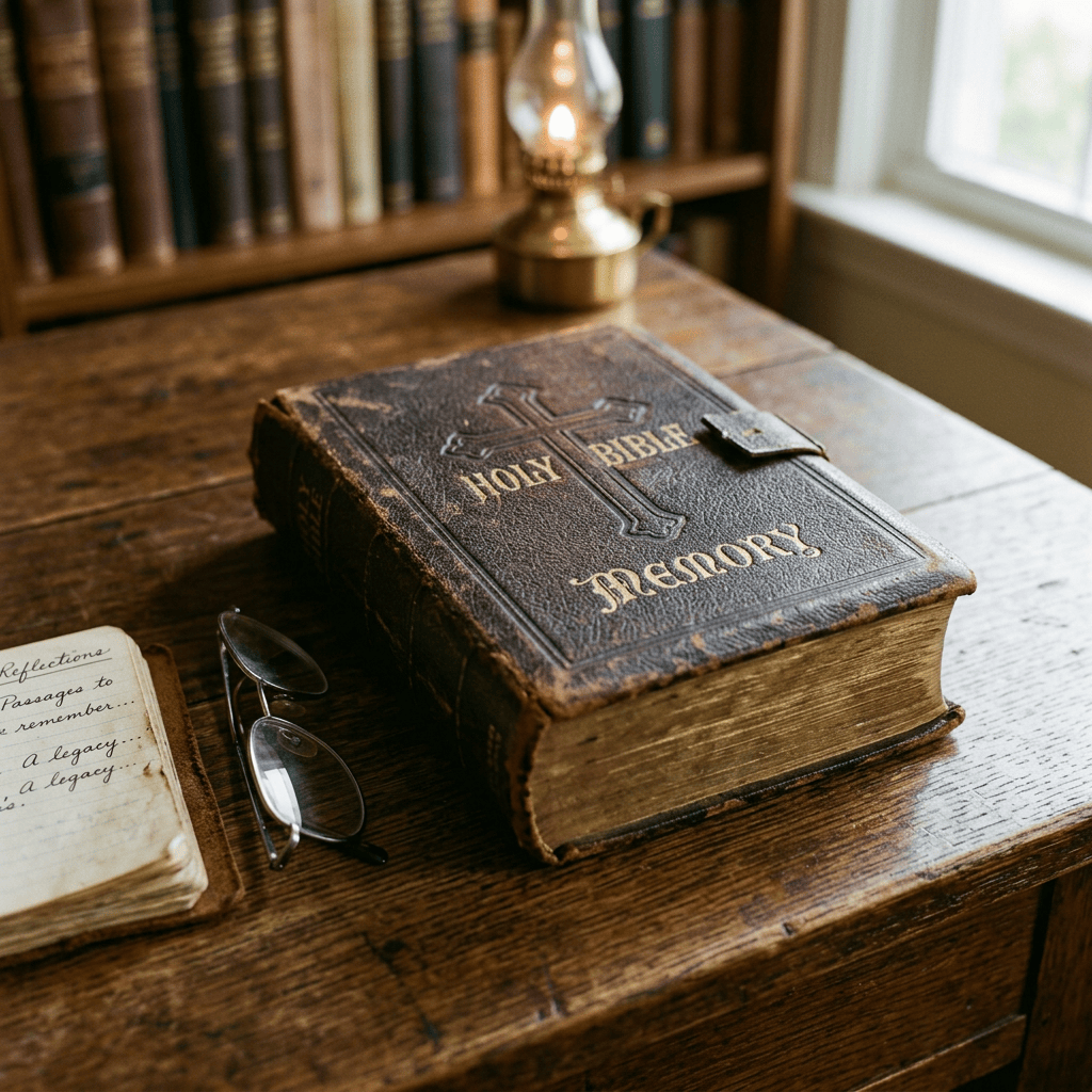Worn Holy Bible labeled “HOLY BIBLE” and “MEMORY” beside handwritten reflections