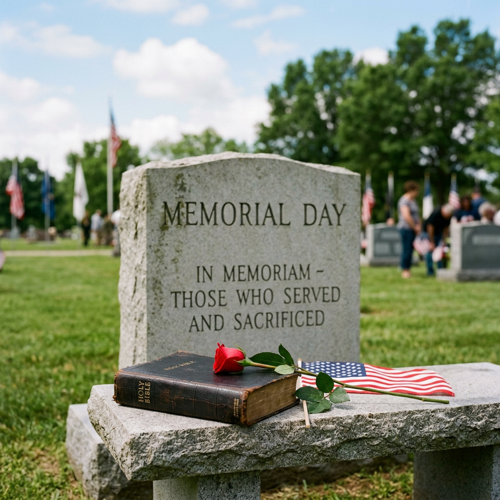Memorial Day monument reading “In memoriam—those who served and sacrificed,” with rose, Bible, and American flag