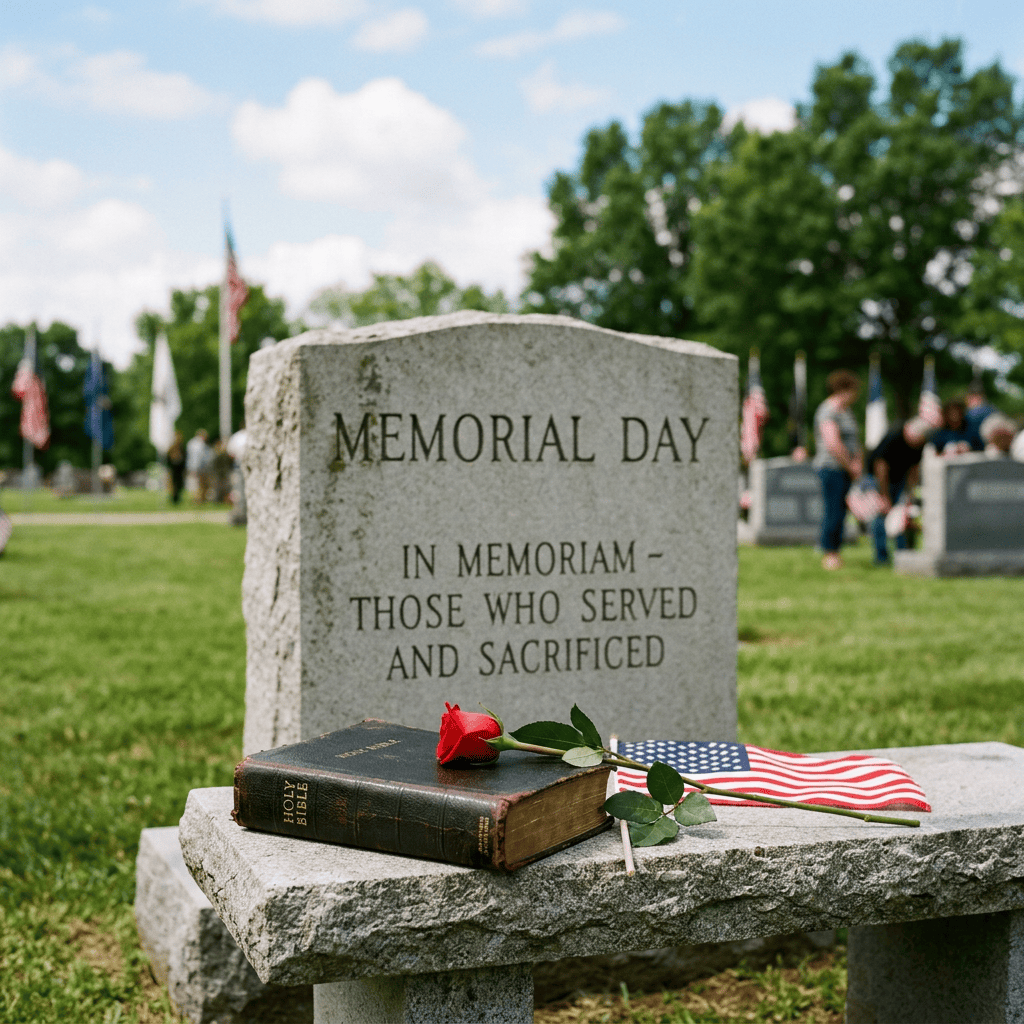 Memorial Day monument reading “In memoriam—those who served and sacrificed,” with rose, Bible, and American flag