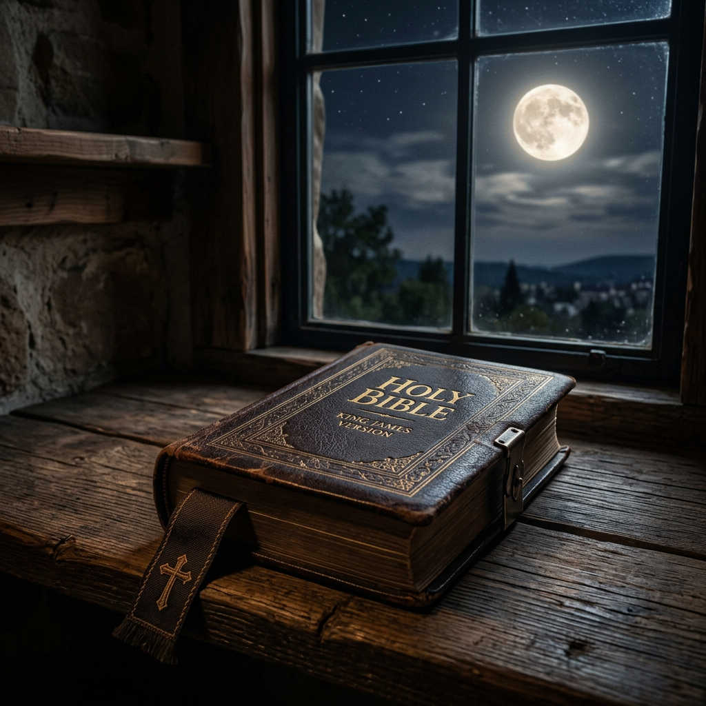Leather-bound Holy Bible on a wooden table beneath a full moon
