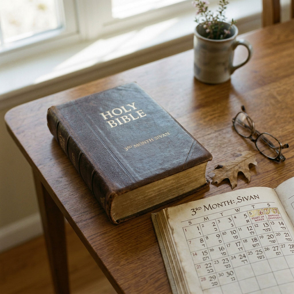 Holy Bible beside a Sivan calendar, glasses, dried leaf, and potted plant