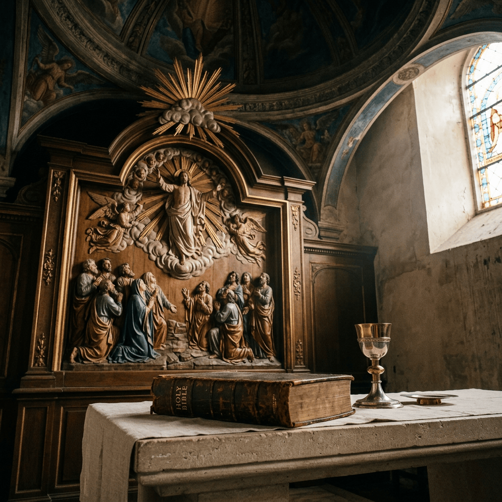 Bible and chalice before a carved altar depicting Christ and disciples