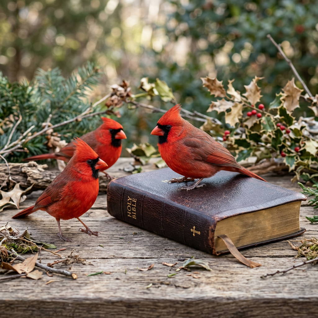 Three red cardinals beside and atop a closed Holy Bible outdoors