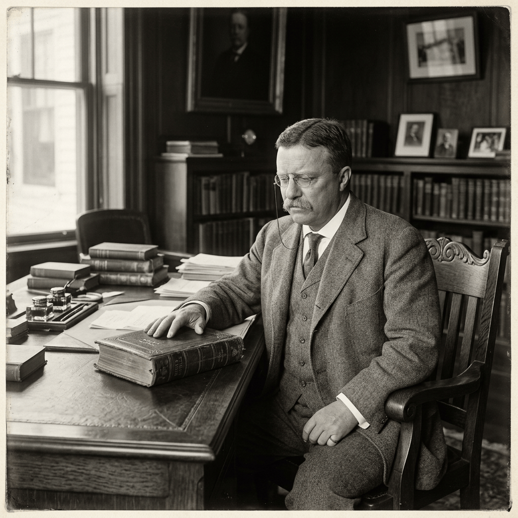 Theodore Roosevelt seated at a desk with books and papers