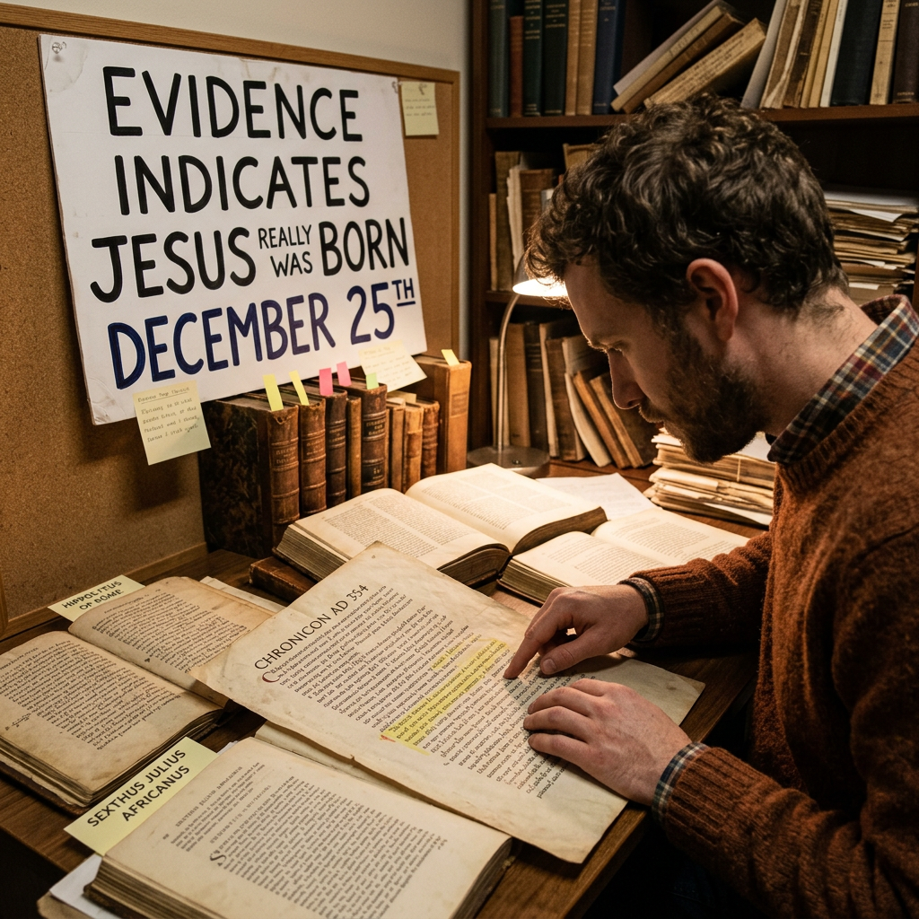 Researcher examining books beneath a sign reading “Evidence indicates Jesus really was born December 25th”