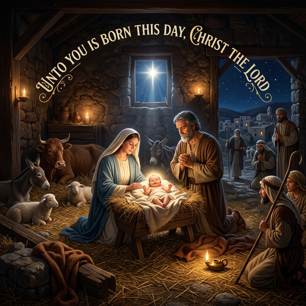 Nativity scene with Mary, Joseph, infant Jesus, animals, and shepherds