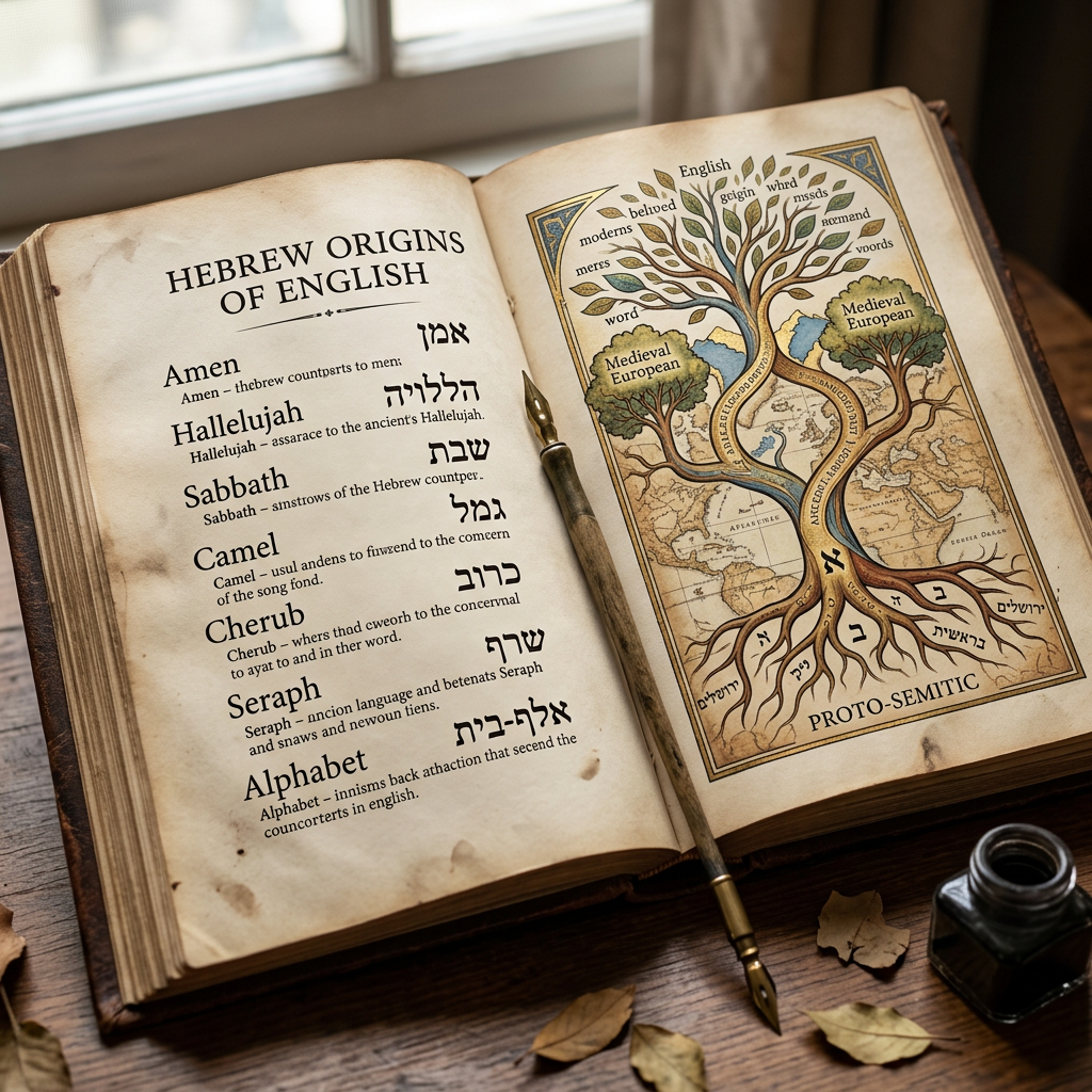 Open book titled “Hebrew Origins of English” with Hebrew words and a Proto-Semitic language tree
