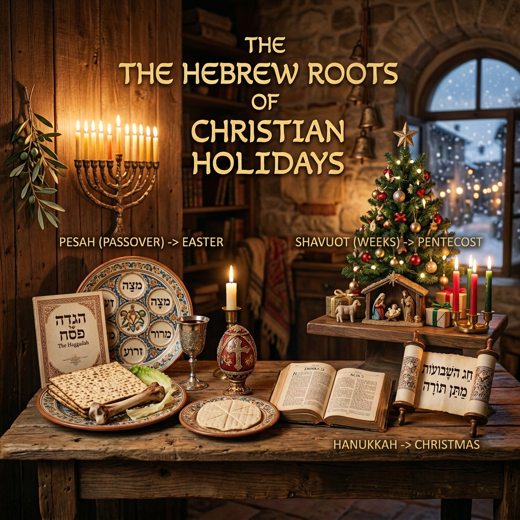 Text reads “The Hebrew Roots of Christian Holidays,” “Pesah (Passover) -> Easter,” and “Shavuot (Weeks) -> Pentecost,” beside Jewish ritual objects.