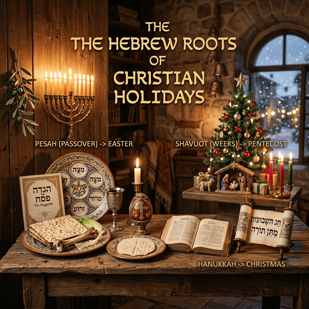Text reads “The Hebrew Roots of Christian Holidays,” “Pesah (Passover) -> Easter,” and “Shavuot (Weeks) -> Pentecost,” beside Jewish ritual objects.