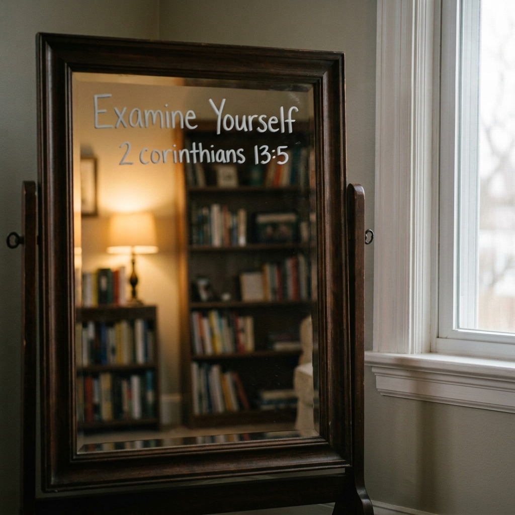 Woman reading in mirror with text “Examine Yourself 2 Corinthians 13:5”